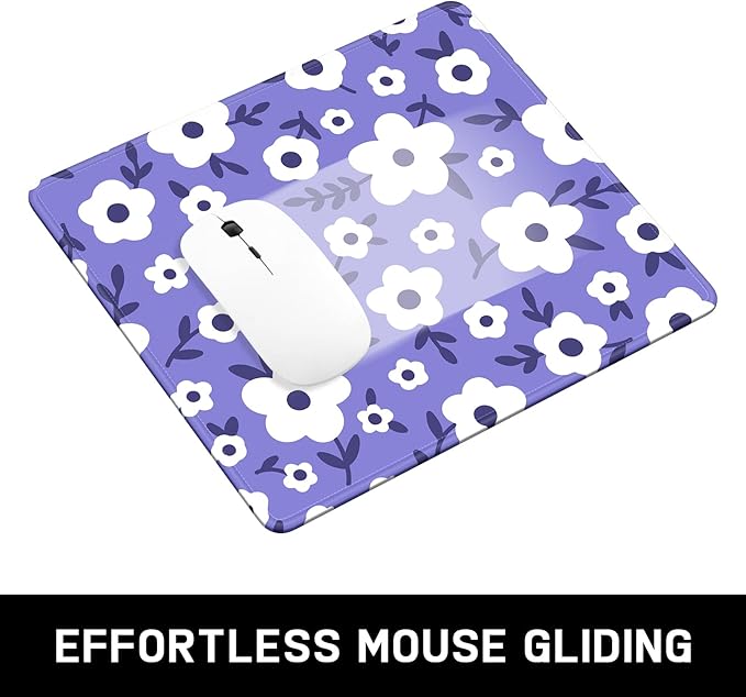 Mouse Pad, Minimalism Marble Style Computer Pad, Anti-Slip Rubber Mouse Mat with Stitched Edges for Gaming, Office, Laptop, PC, Women, 9" x 8" Thick 3 mm, Purple Flower