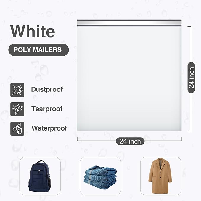 UCGOU Poly Mailers 24x24 Inch White 50 Pack Extra Large Shipping Bags Strong Thick Mailing Envelopes Self Seal Adhesive Waterproof and Tear Proof Boutique Postal for Clothing Quilt and More