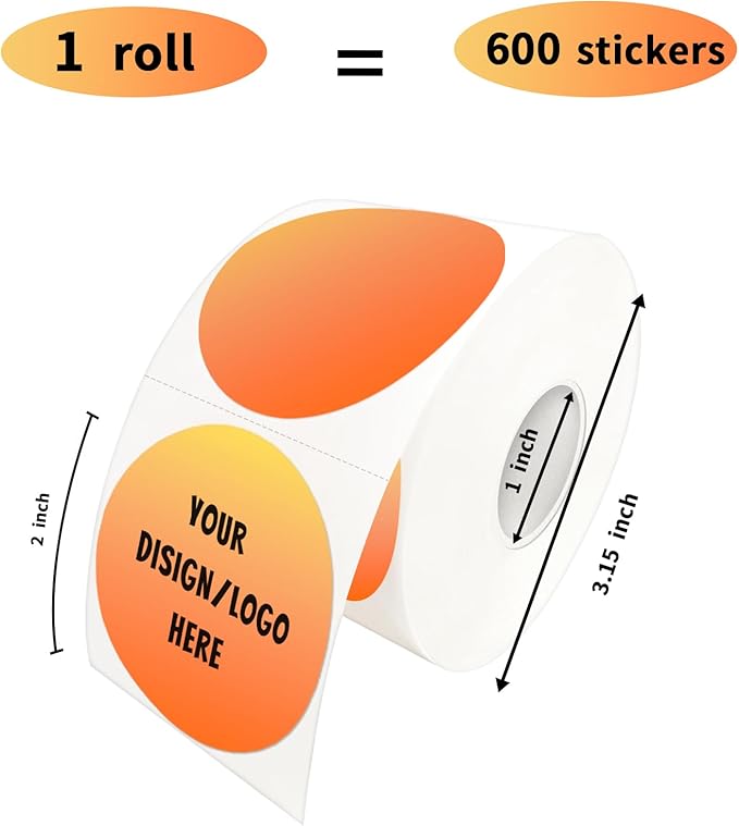 2 Inch Orange Round Thermal Sticker Labels, Self-Adhesive Circle Direct Thermal Label, Multi-Purpose Roll Sticker Labels for DIY Logo Design, QR Code, Name Tag（ 600 Labels，1 Roll）
