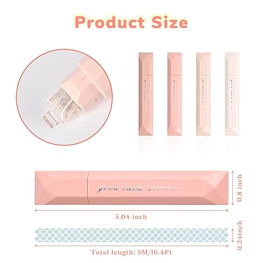 Temiary 4-Pack Double Sided Tape Roller, 6 mm x 196 Inch Adhesive Tape Glue Scrapbook Dispenser Runner for Scrapbooking Craft Supplies Office School (Pink)