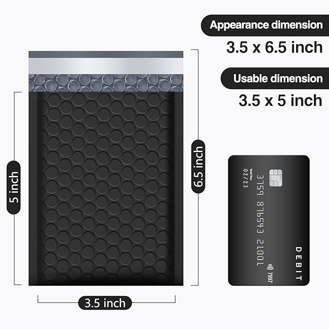 UCGOU Bubble Mailers 3.5x6.5 Inch Black 50 Pack Padded Envelopes Usable Size 3.5x5 Small Business Mailing Packages Self Seal Adhesive Waterproof Boutique Shipping Bag for Jewelry Makeup Supplies