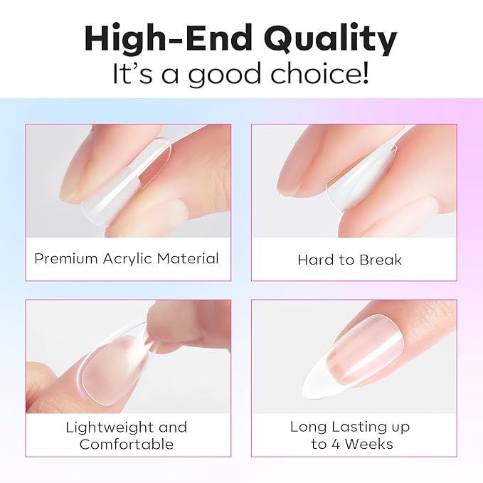 Modelones Pointed Almond Fake Nail Tips - 510Pcs Medium Gel Tips Pre-shaped Half Matte Full Cover Clear Acrylic Gel Kit False Press on Nails for Extension DIY Salon 15Sizes