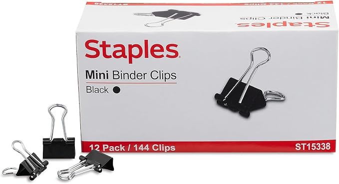 Staples Mini Binder Clips, 0.25 Inch Capacity, Black, 144 Pack | Extra-small clips for receipts, labels, and everyday paper sorting.