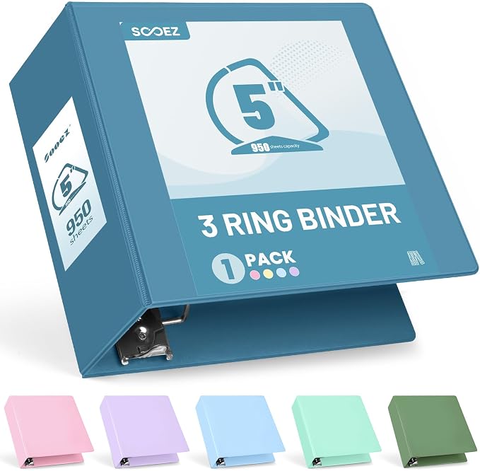 Sooez 3 Ring Binder 5 Inch, Extra Large Binder with Pockets, 8.5"x11" | Holds 950-Sheet of Letter Paper, Extra Durable, PVC-Free, Clear View Cover, Interior Pockets, Eco-Friendly, School, Office