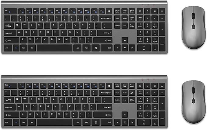Slim Silent Full Size Wireless Keyboard Mouse Combo Grey2 Pack | With calculator key, 2400 DPI quiet mouse, USB cordless set, compatible with Windows, Mac, Laptop & PC