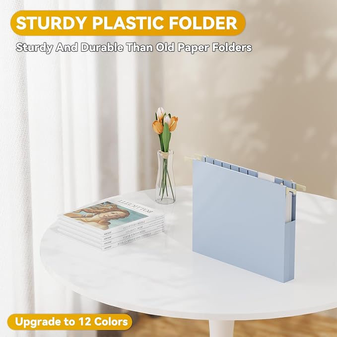 Plastic Hanging File Folders Letter Size,12 Pack Reinforced Filing Cabinet Folders with Tabs,1" Expansion Hanging File Organizer for Home Office,Macaron Heavy Duty Folders for File Frame Box