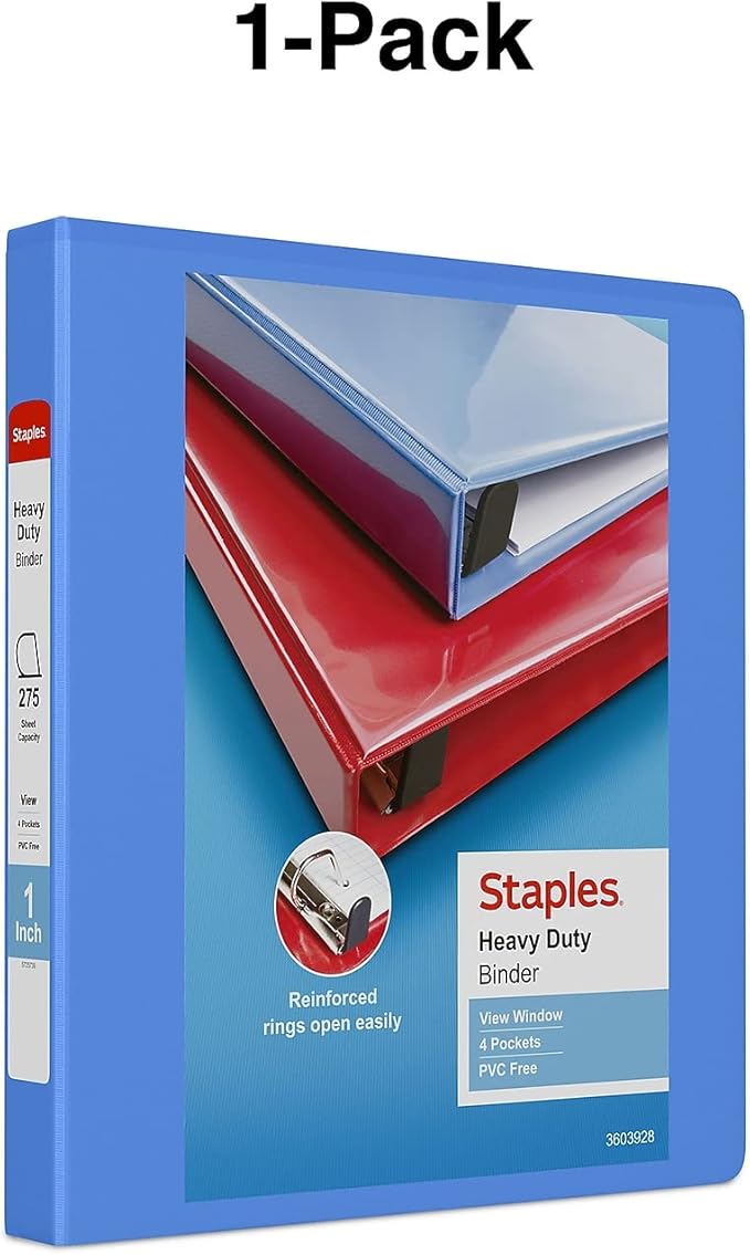 Staples Heavy-Duty 1-Inch D-Ring View Binder, Reinforced Spine, Holds Up to 275 Sheets, Periwinkle, for Office & School