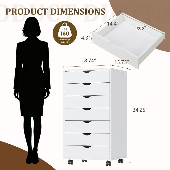 7 Drawer Mobile File Cabinet with Wheels, Office Storage Drawers, White | 7 Drawers Mobile File Cabinet with Wheels for Office Storage, Under Desk Organization and Printer Stand