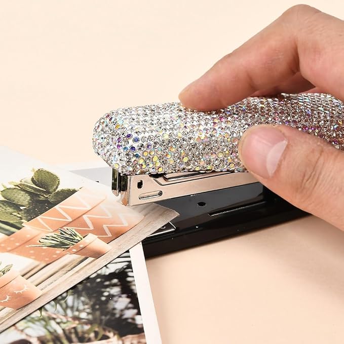 Bling Rhinestone Stapler, Sparkly Diamond Staplers, Cute Desk Stapler for Women & Girls, Bling Crystal Machine Pretty Office Stationery Kit (Clear with AB Color Plated, Large)