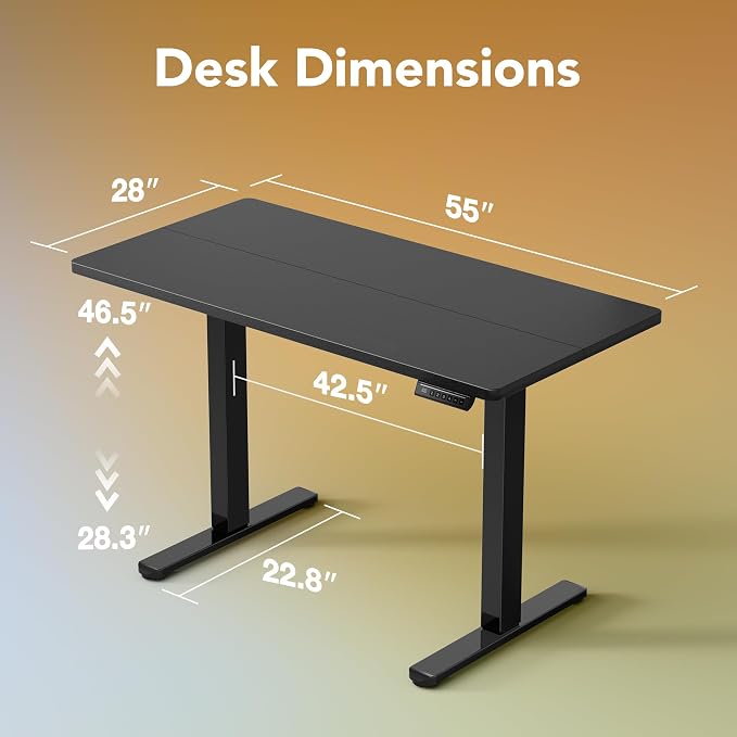 HUANUO 55x28 Inch Electric Standing Desk, Height Adjustable, Black | 176 Lbs Capacity, Smooth Home Office Desk, 4 Memory Presets & Headphone Hooks, 28.3–46.5 Inch Height Range, Easy to assemble