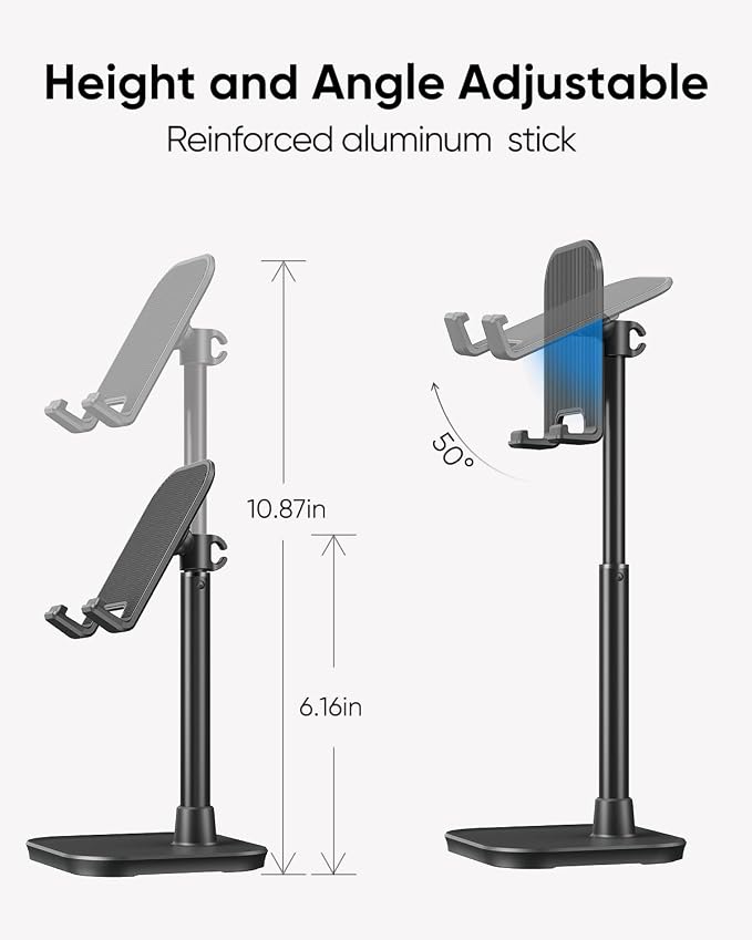 Cell Phone Stand, Phone Holder for Desk, Office Desktop iPhone Stand | Eye Level View, Reduce Neck & Back Strain, Height & Angle Adjustable, Hands-Free Video Chat, Accessories for 4-10" Smartphone