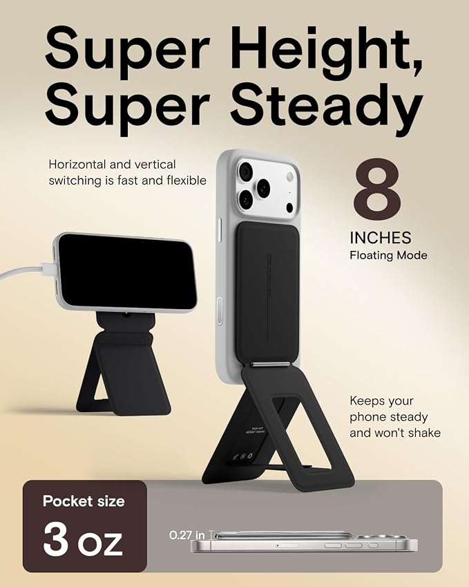MOFT Phone Stand, Magnetic Phone Tripod Stand Stain-Resistant MOVAS Leather & Angle Adjustment & Strong Magnets Tripod for iPhone 17/16/15/14/13/12 (Included Metal Ring)-Jet Black