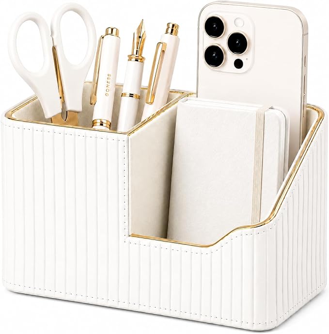 Luxury PU Leather Desk Organizer for Office Accessories, Aesthetic Pen Holder for Desk, Modern Desktop Storage Organizer for Home Office Supplies Cream White with Gold Trim