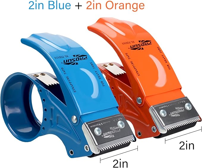 PROSUN 2 Pack Heavy Duty Metal Packing Tape Dispenser Gun and 2 Replacement Blades:2-inch Wide Tape Dispenser for Shipping, Moving, Office & Warehouse(2026 NEW Set 2" Blue + 2" Orange)