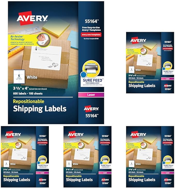 Avery Repositionable Printable Shipping Labels with Sure Feed, 3-1/3" x 4", White, 600 Blank Mailing Labels (58164) (Pack of 5)