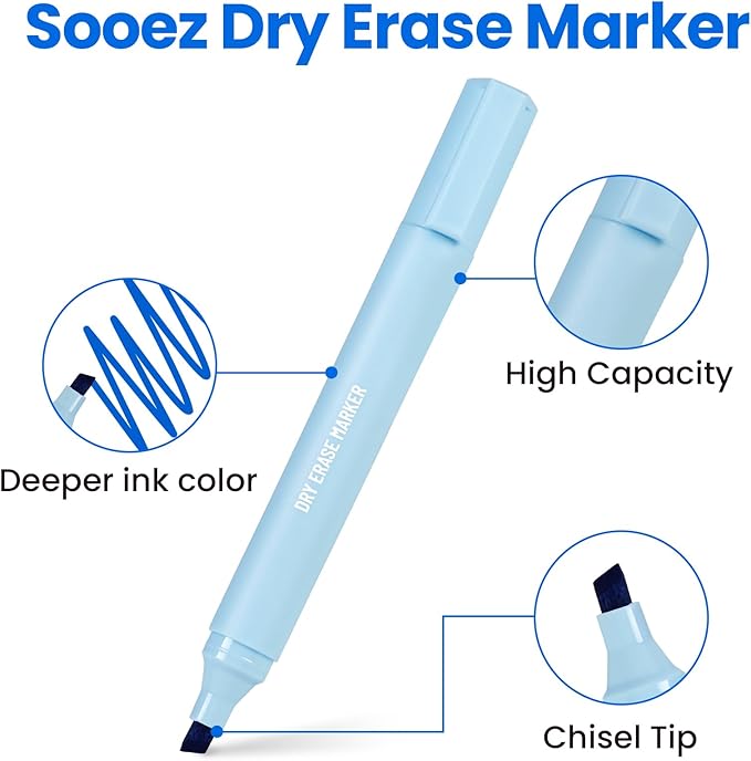 Sooez 8 in 1 Dry Erase Markers Set, Includes 6 count Vibrant Color Dry Erase Markers with Chisel Tip, Cleaner Spray and Cleaning Cloth, Intended for Teens & Adults, Not Intended for Children