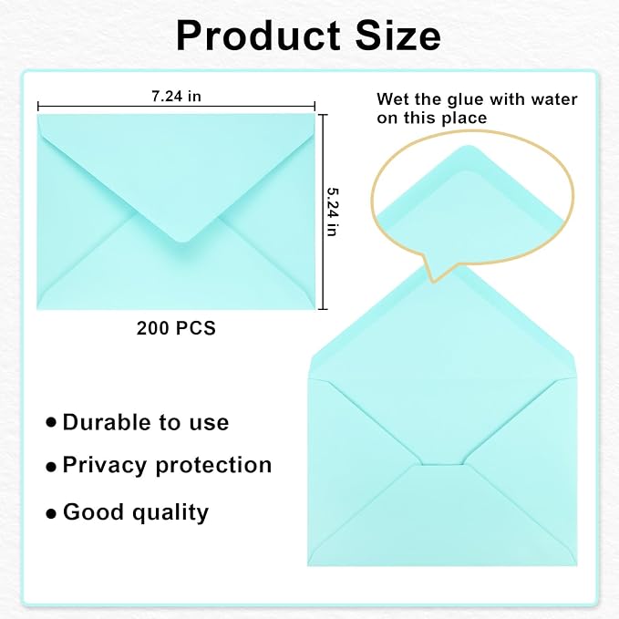 200 Pack A7 Envelopes, Light Blue Greeting Card Envelopes Self Seal, 5.24 x 7.24 in Envelopes for Birthday Graduation Baby Shower Wedding Invitation Cards