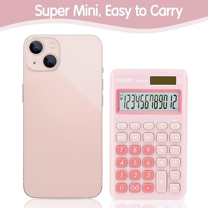 Deli Standard Function Basic Calculator, 12 Digit Desktop Calculator with Large LCD Display, Solar Battery Dual Power Office Calculators, Pink