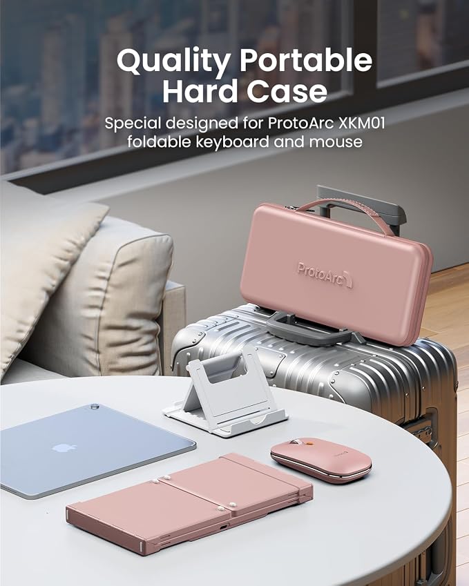 ProtoArc XKM01 Full-Size Foldable Keyboard Mouse Combo for Travel - Pink | 105-key keyboard, slim mouse, hard case and phone stand; 3-device Bluetooth & 2.4G switching, for travel office use