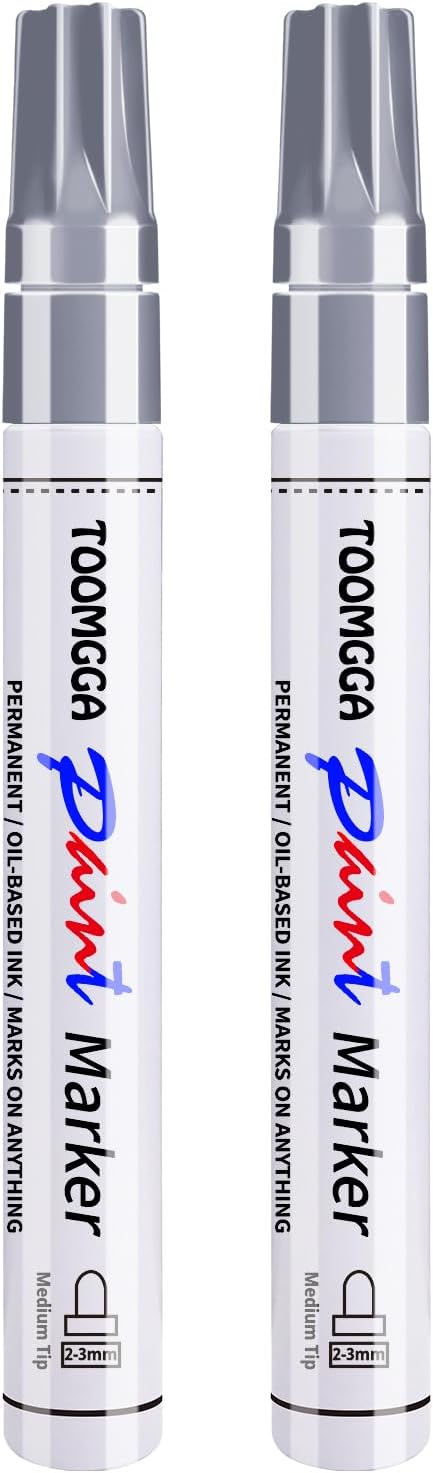 TOOMGGA 2 Silver Paint Pens Permanent Paint Markers, Oil Based Medium Tip | Marking Pens, Quick Drying, Waterproof, Fade-resistant, for Rock Painting, Car Tyre, Metal, Plastic, Canvas, Mugs, Wood