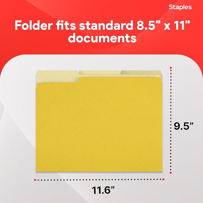 Staples Colored File Folders, Letter Size, 3-Tab Top-Tab, 100/Pk | Durable 10.5-point paper stock for everyday office document filing.