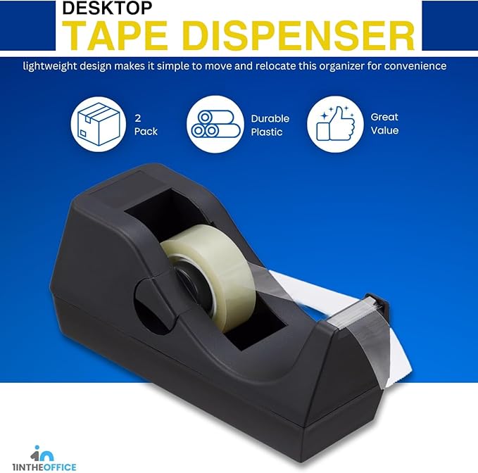 1InTheOffice Tape Dispenser Desk, Desktop Tape Dispenser, Black 2 Pack (Tape Dispenser)
