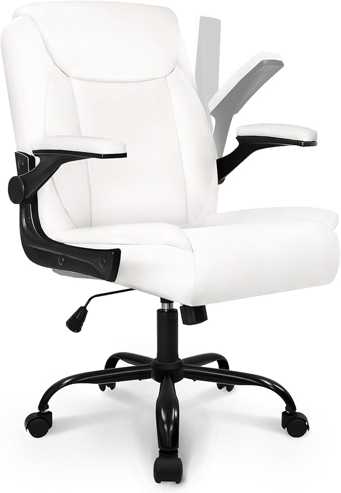 NEO CHAIR Office Desk Computer Chair Ergonomic Executive Mid-Back Leather Gaming Chair with Adjustable Flip-Up Armrests Wheels Swivel for Home Study Task (White)