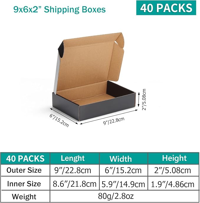 Hoikwo 40 Pack 9x6x2 Shipping Boxes for Small Business, Black Packaging Cardboard Boxes, Moving Mailing Packing Box | for Small Business, Black Packaging Cardboard Boxes, Moving Mailing Packing Box
