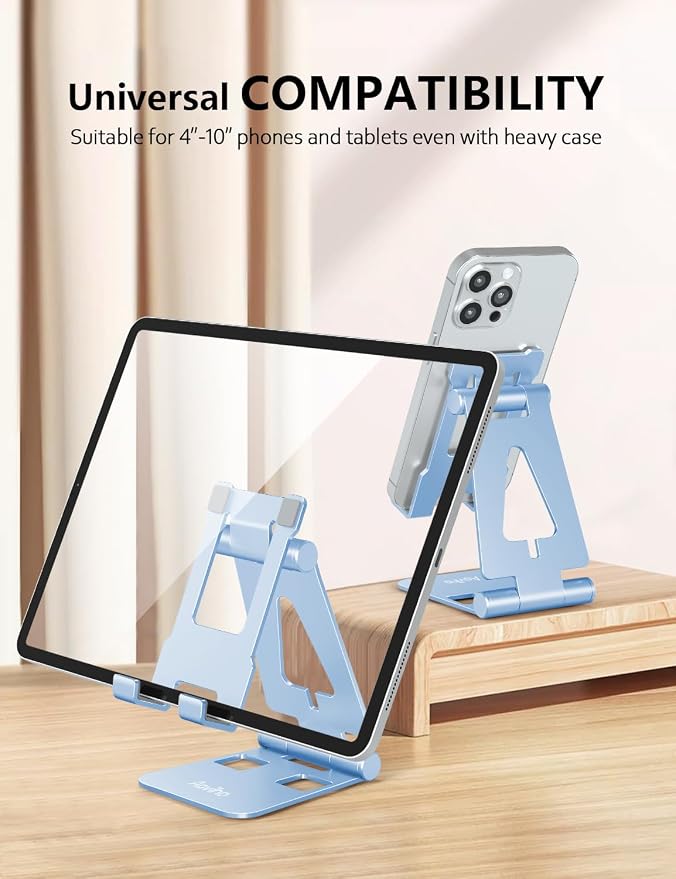 Aoviho Foldable Cell Phone Stand for Desk, Holder for iPhone,Sky Blue | Folds Flat for Easy Storage, Hands-Free Viewing, Fits iPhone 17/16/15 Series & Samsung Galaxy, Ideal for Office & Home