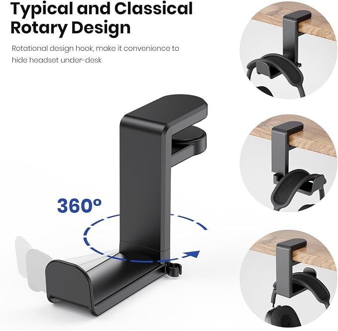 EURPMASK 3-in-1 Rotating Headphone Stand w/2 Detachable Controller Holders | Adjustable Clamp-on Headset Holder Hanger,Swivel,Gaming Headset Hanger,Cable Organizer,Father's Day Birthday Christmas Gift