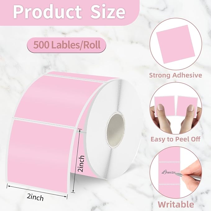 Starboling 2"x2"Square Thermal Labels,Self-Adhesive Thermal Sticker Printer Labels for Small Business,Address,Color Coding（Pink）