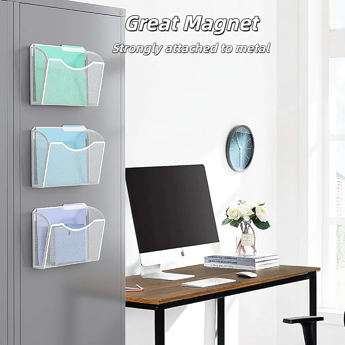 MINDEPOT Magnetic Wall File Organizer, Hanging File Holder, 1 Pack, White | Heavy Duty Iron, Powerful Magnet, Metal Mesh Wall Mount, Single Pocket, for Office School Classroom Home, Letter A4 Size