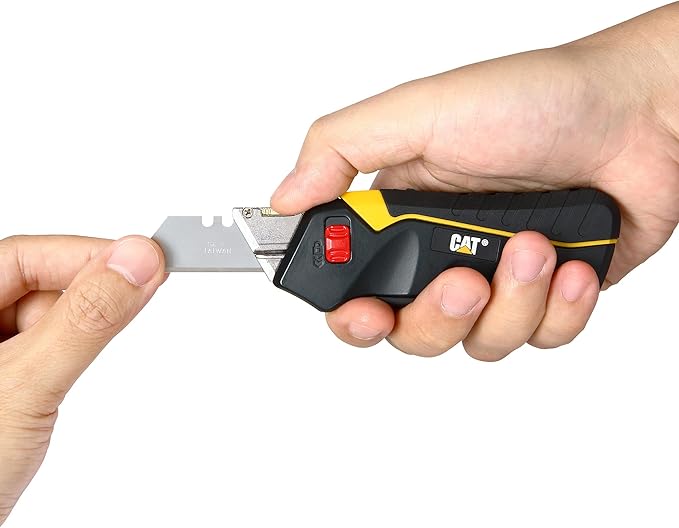 Cat Safety Utility Knife Box Cutter Self-Retracting, Squeeze Handle to Extend, Release to Retract, Lock Open w/Switch, Ergo Handle w/ 3 Safety-Tip Blades That Store Inside - 240071
