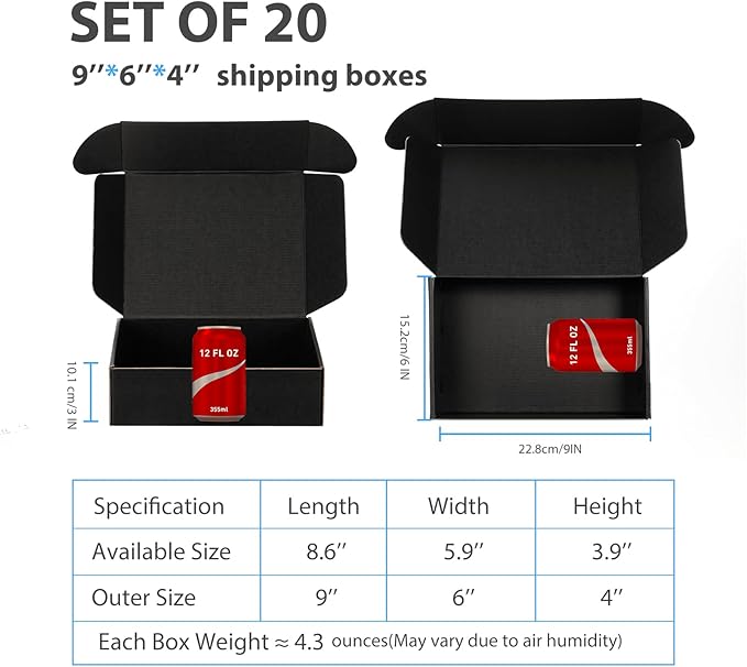 Small Shipping Boxes 9x6x4 Inches – Black Corrugated Cardboard Boxes (20-Pack) for Mailing, Packing, Small Business & Gift Packaging - Recyclable & Sturdy