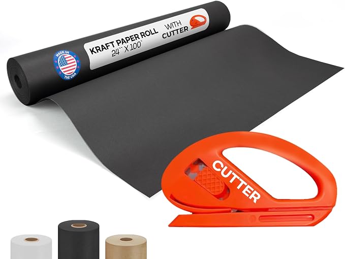 Black Kraft Paper Roll 24" x 1200" (100 feet) with Cutter- USA-Made | Wrapping Paper for Packing, Moving, Shipping & Crafts/Arts - 100% Recyclable Natural Craft Material by IDL Packaging