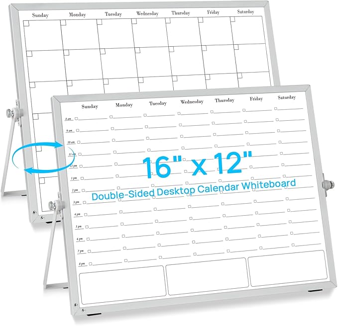 Desktop Whiteboard with Stand, 16"×12" Double-Sided Magnetic Dry Erase Calendar, Weekly Monthly Schedule with Time Slots, Portable for Home, Office, Planning, Memo, to Do List