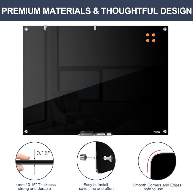 Glass Whiteboard 48x32 Black Magnetic White Board Dry Erase Board for Wall | Magnetic Surface, Dry Erase, Large Frameless Glass Whiteboard, Ideal for Office Home School Classroom Kitchen