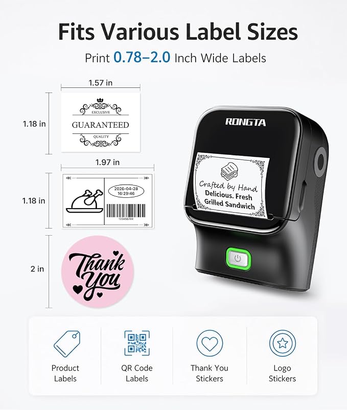 Rongta Bluetooth Label Maker Machine, Thermal Label Printer Easy to Use for Office, Home, Small Business, Came with 1 Roll 2x1.18 inch Label(Black)