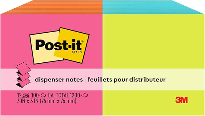 Post-it Pop-up Notes 3x3 in, 12 Pads, America's #1 Favorite Sticky Note, Alternating Colors of Power Pink & Vital Orange and Aqua Splash & Acid Lime, Poptimistic Collection, Clean Removal, Recyclable