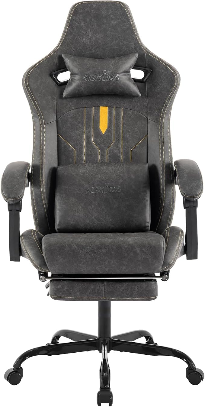 Gaming Chair with Footrest Ergonomic Computer Chair Massage Lumbar Cushion, Racing Video Game Chair Adjustable Rocker Recliner Executive Office Desk Chair Pu Leather for Adults, Grey