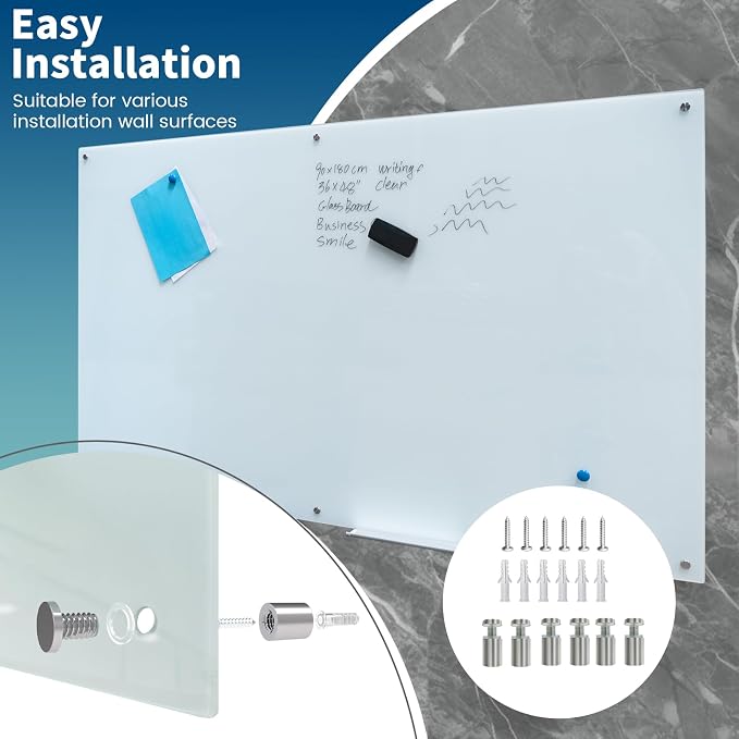 Glass Whiteboard 48"X72" Dry Erase Board Magnetic Frameless Wall Mounted White Board WritingBoard for Office School Home Accessory Tray, 3 Dry Erase Marker,4 Glass Board Magnets and 1 Magnetic Eraser