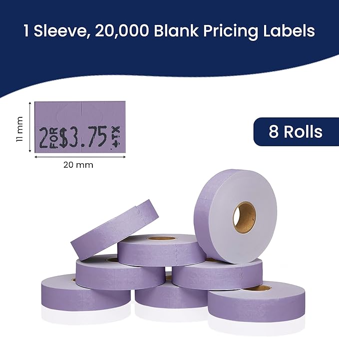 Perco Lavender Pricing Labels for Monarch 1131 Price Gun - 1 Sleeve, 8 Rolls, 20,000 Price Marking Labels - with Ink Roll Included