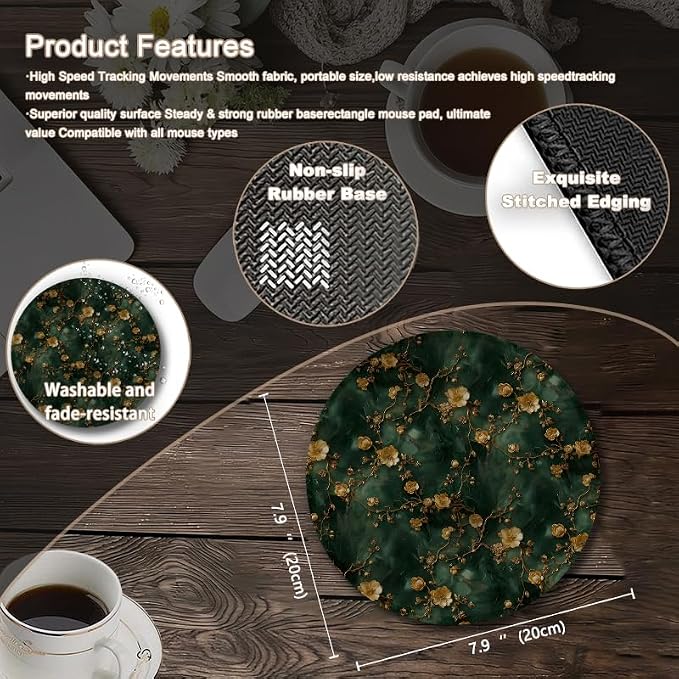 Golden Cherry Blossom Round Mouse Pad, Dark Green and Gold Marble Chinoiserie Floral Mousepad Mat for Home Office Computer Laptop Desk Accessories 7.9x7.9 in