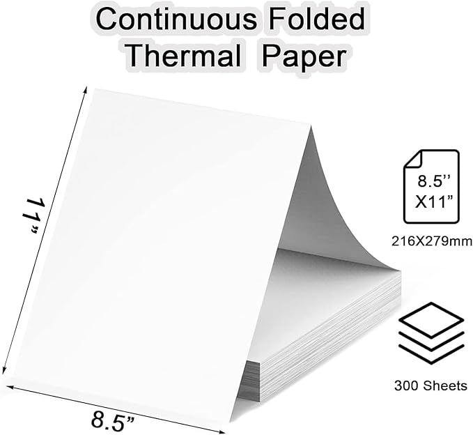 300 Sheets Thermal Printer Paper Continuous Folded 8.5 x 11 Inches US Letter Size Office Paper Products for PD-A4/ M832D/ M08F Portable Printer, Inkless and Wireless Printers, Advanced Value Set.