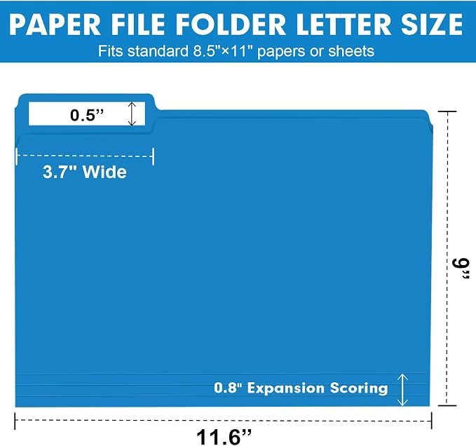 File Folder, RAZCC Colored File Folders, 1/3 Cut Tab File Folder Letter Size, Filing Folders with Tabs for Office School Business Use, Assorted 10 Colors (100 Pack)