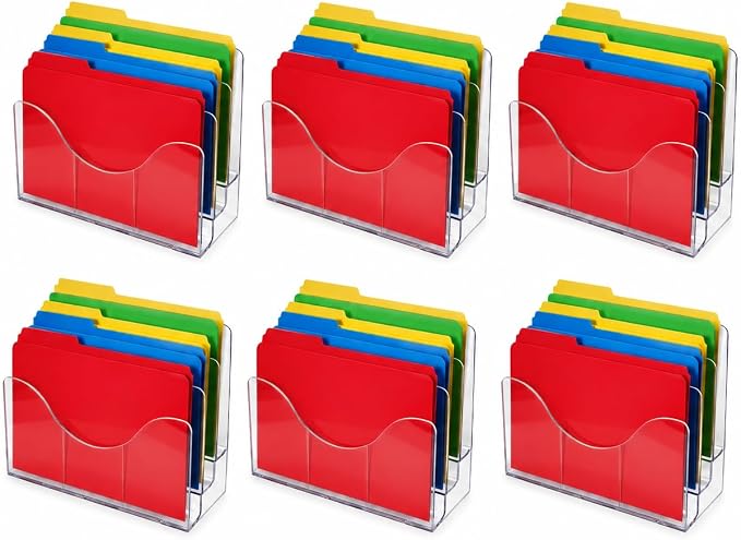 Azar Displays 250099-6PK Three Tier File and Brochure Desktop Wall Organizer Holder with Dividers brochure display stand acrylic file holder, Clear , 6-Pack