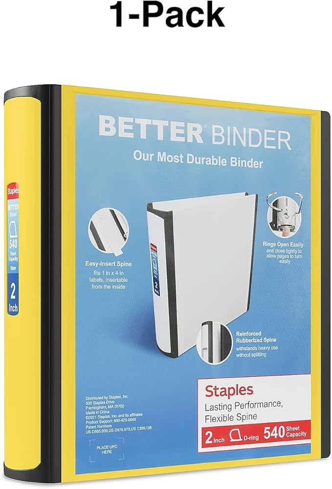 Staples Better Binder 2-Inch 3-Ring Binder, Yellow – Heavy-Duty Binder for School & Office Organization