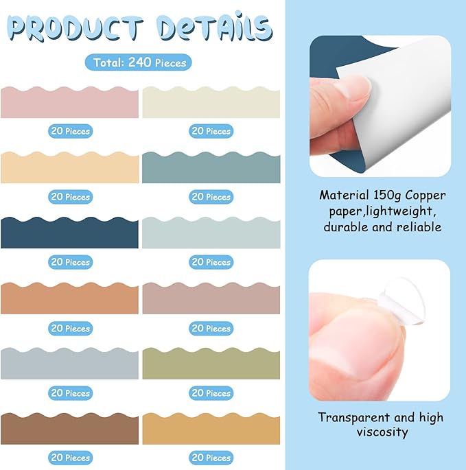 Containlol 236ft Boho Color Bulletin Board Decoration, Spring Classroom Bulletin Board Borders Soft Scalloped Trim for School Office Poster Chalkboard Whiteboard Wall Decor
