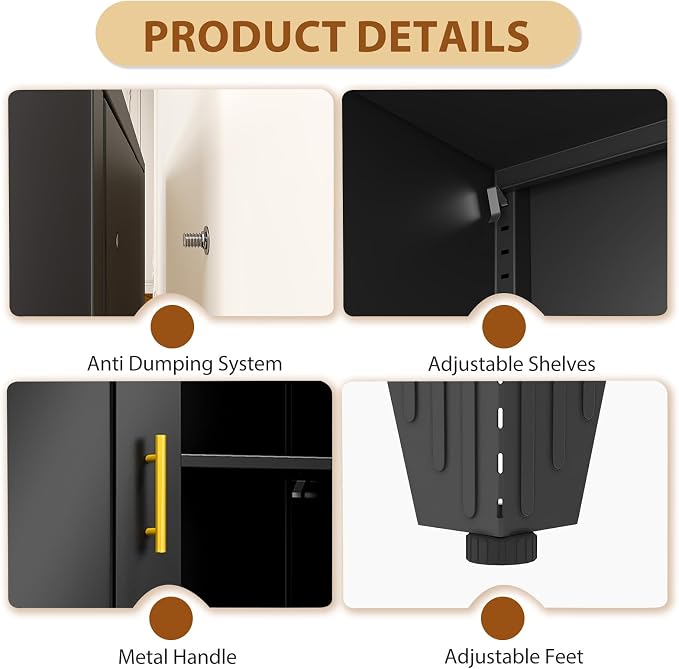 36" Metal File Garage Storage Cabinet with Lock,Lockable Office File Cabinet with 2 Doors and 2 Adjustable Shelves,Outdoor Steel Locker Organizer for Home Office,Gym,School,Warehouse(Black)