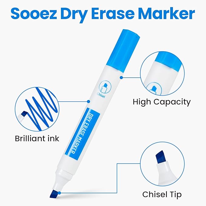 Sooez Dry Erase Markers, Low Odor Whiteboard Markers with Chisel Tip, Assorted Colors 6 Count, Vibrant & Long-Lasting Ink. Intended for Teens & Adults, Not Intended for Children